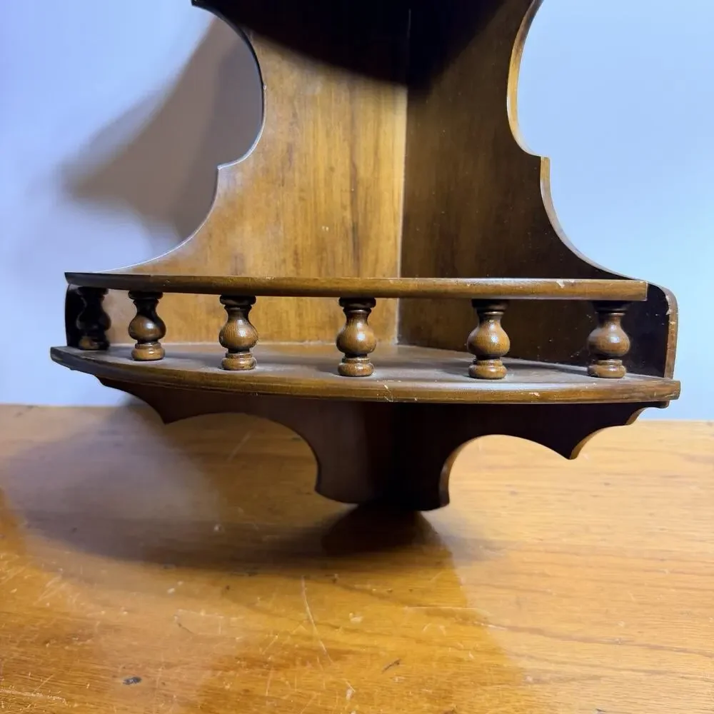 Vintage Dark Wood Wall Corner Shelf 3 Tier Rail Cottage Country Display 25